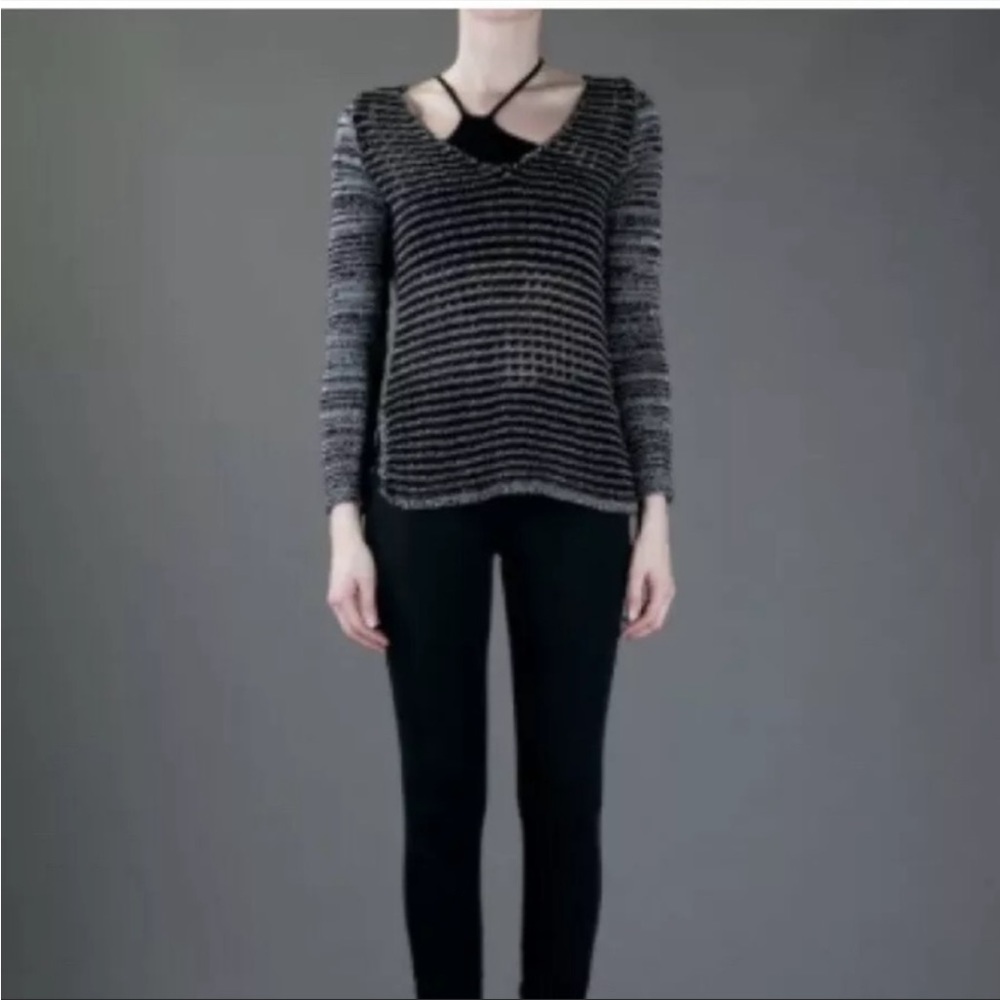 Helmut Lang Small Black White Open Knit Color block Sweater Linen V-neck Y11